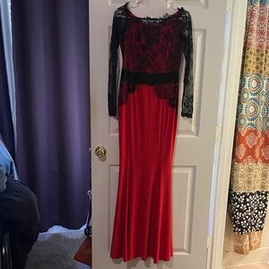 Chic Long Sleeve Red and Black Lace Dress